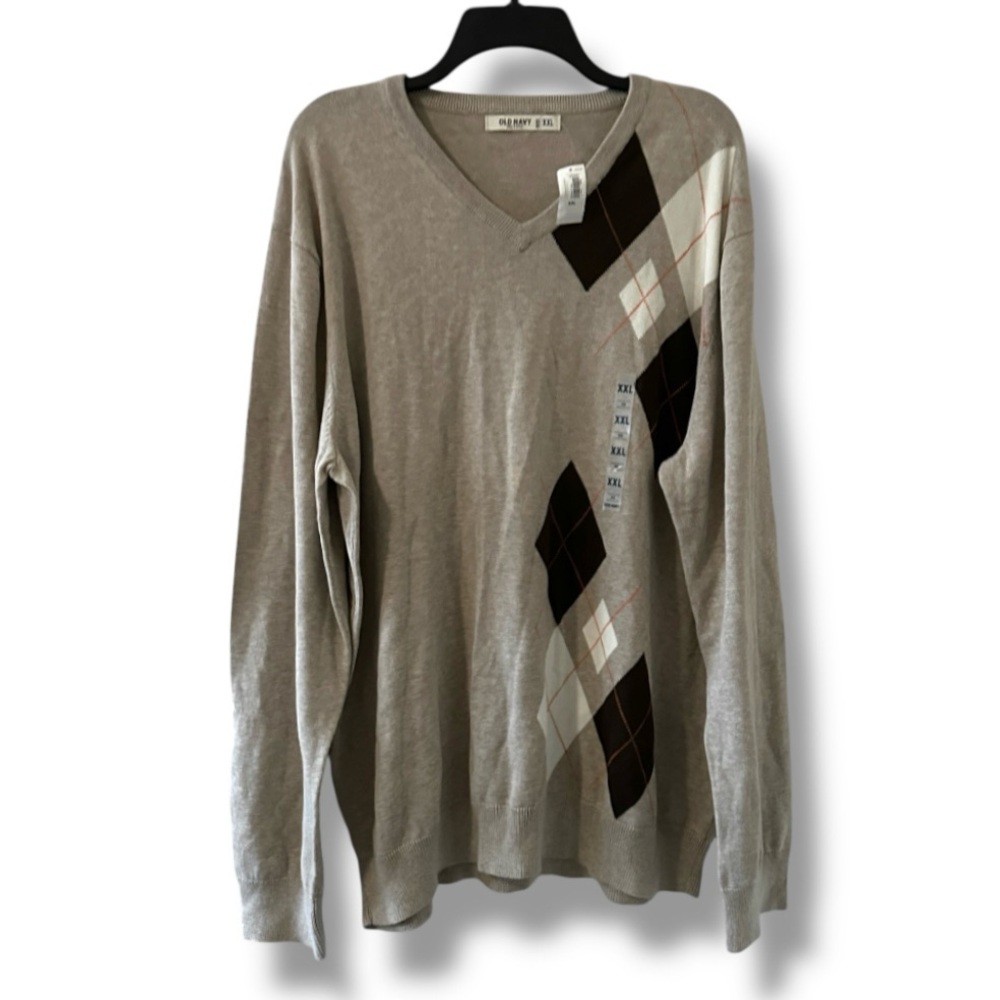 NWT Old Navy Oatmeal Argyle V-Neck Pullover Sweater Men’s Size XXL Preppy Y2K